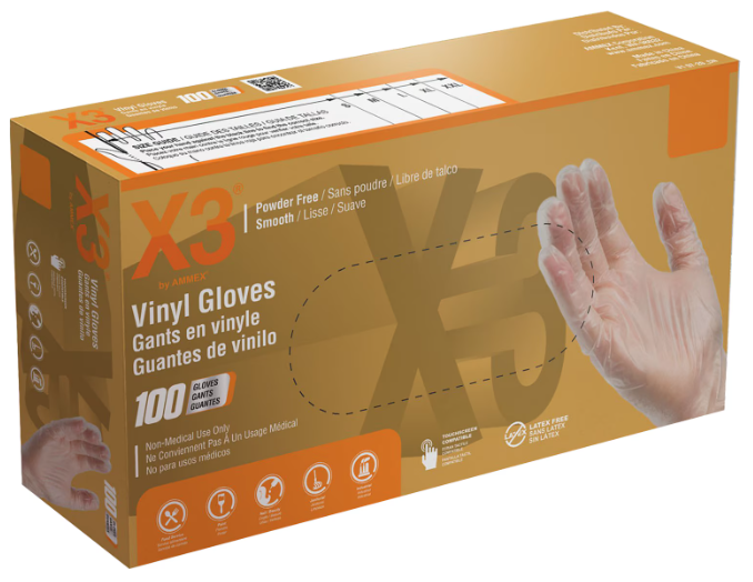 DISPOSABLE GLOVES, MEDIUM, CLEAR, VINYL, POWDER-FREE, AMMEX, 100/BOX MAIN